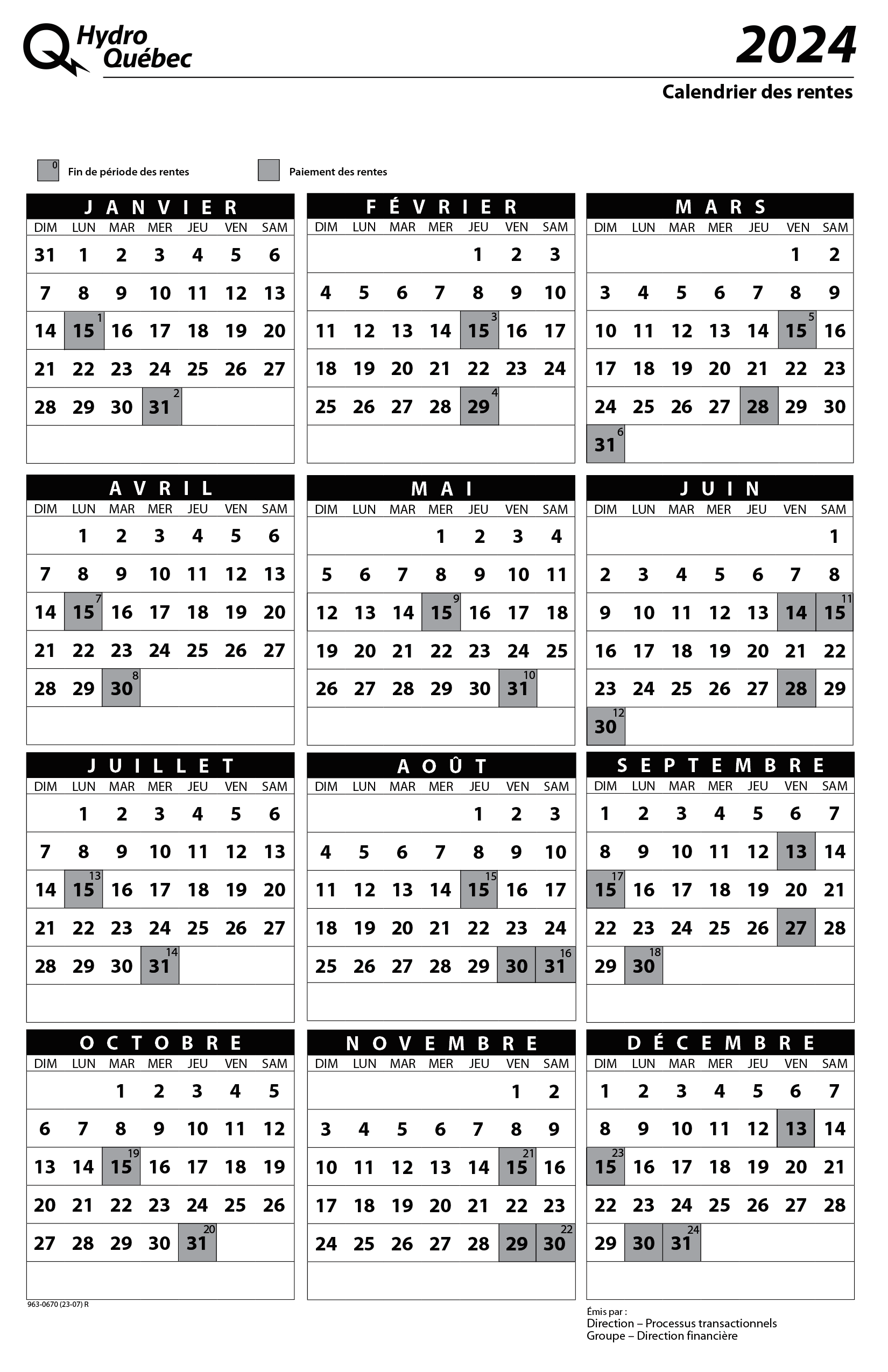 Calendrier des rentes 2016